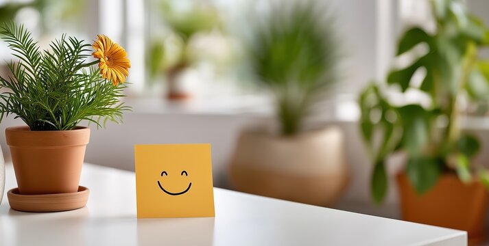A positive smiley face on a yellow sticky note on a white desk. Potted plant with a flower in a bright home office. Mental health and well-being concept