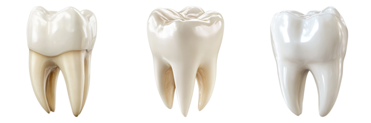 A comparison of a tooth before and after teeth whitening treatment. The left tooth is showing before, middle is treatment and the right is after