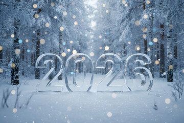 snowy forest celebration scene with illuminated 2026 digits