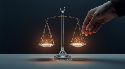 Hand balancing digital scale with glowing particles on dark blue background