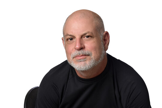 portrait adult man bald white beard face expression happy thoughtful male model gentleman in black clothes image.