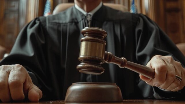 Judge raising hand to strike gavel on the throne, focus on decisive hand action as the camera zooms in, symbolizing justice, authority, and courtroom power, 4k video footage