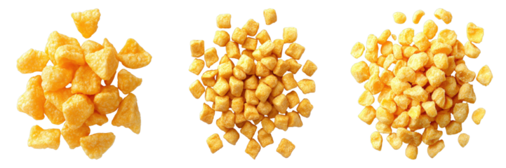 Golden caramel candies arranged in three piles