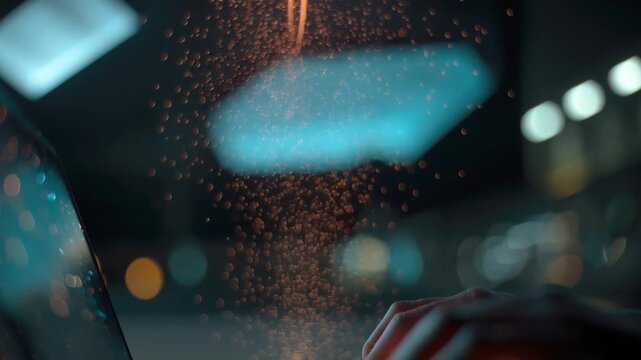 Fingers typing on keyboard with colorful light trails rising from each keystroke, glowing particles in bokeh-filled air, neon reflections on metallic keycaps, 4k video footage