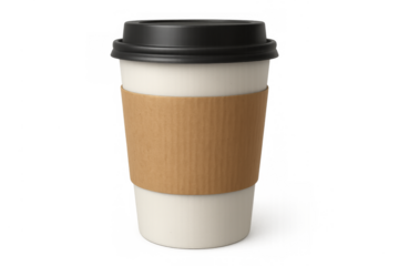 Takeaway coffee cup with kraft sleeve on transparent background