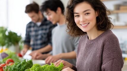 Smiling young woman preparing a healthy salad in the kitchen. Diverse group of friends cooking a meal together. Healthy lifestyle and community concept