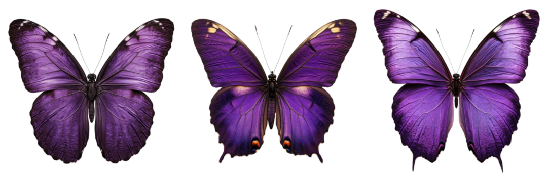 Three vibrant purple butterflies display their delicate wings