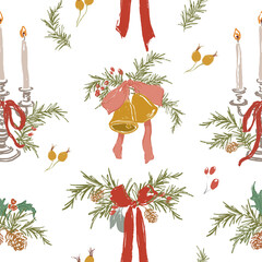 Whimsical Christmas seamless pattern of bell, bow, candle and fir branch. Hand-drawn vintage floral composition isolated on white background. Illustration for design, print, fabric or background.