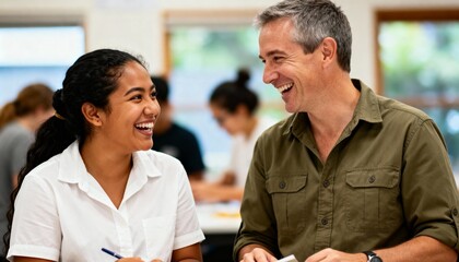 Happy teacher and student laughing together during a lesson in the classroom. Positive mentorship and one-on-one tutoring concept
