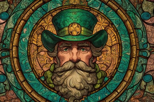 Vibrant Stained-Glass Art Featuring Saint Patrick for Celebrating Irish Luck and Tradition on St. Patrics Day