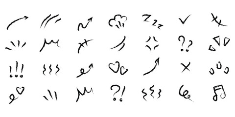 Line movement chalk effect element, cartoon emotion icon vector. Hand drawn cute doodle line element arrow, emphasis, shock, sparkle symbol. vector illustration.