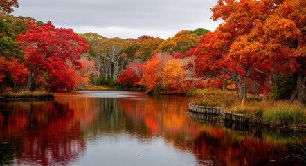 Vibrant Cape Cod Autumn: Foliage Splendor at Dennis Duck Pond in Massachusetts