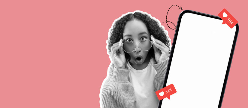 A collage showcases a surprised person adjusting their glasses. On the side, the mobile phone displays social media notifications, reflecting a lively digital interaction.