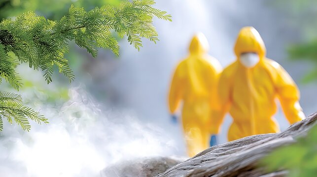 Workers in yellow protective suits walking near a waterfall surrounded by lush greenery during a foggy day