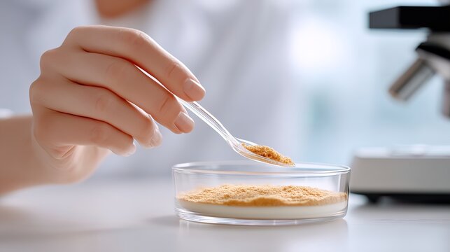 Scientist using a spatula to transfer powder into a petri dish for analysis in a laboratory setting