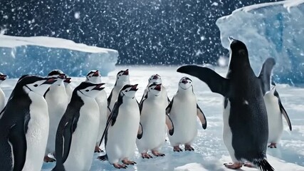 Gentle penguins gather under the moonlight in a snowy Antarctic landscape for an enchanting winter celebration - Powered by Adobe