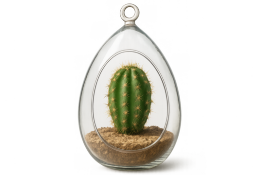 Hanging glass terrarium globe with cactus plant inside