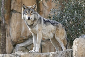 Mexican Gray Wolf Prowling on Rocky Ledge Amidst Lush Greenery