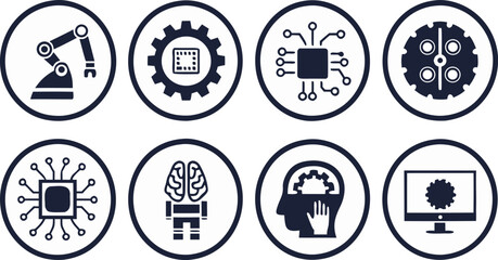 Fototapeta premium Modern AI Automation Icons Robot Arm Gear