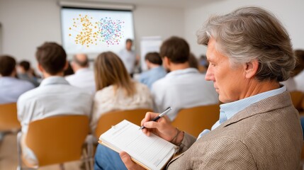 Mature businessman taking notes at a business conference. Professional attending a lecture on data analysis. Corporate training and development concept