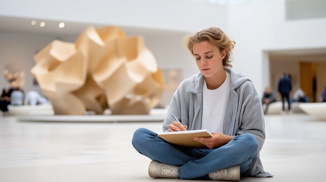 A focused young student sketching in a notebook while sitting on the floor of a modern art gallery. Creative inspiration and artistic education concept