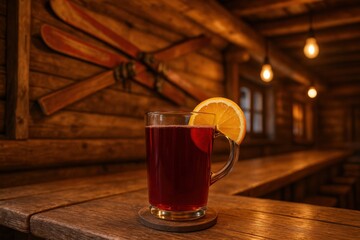warm alpine drink served in a glass mug with a slice of orange on the rim, placed on a wooden bar in a cozy cabin setting, neutral background, clear negative space, clean composition, balanced framing
