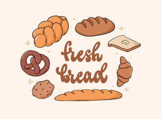 Fresh bread lettering quote decorated with doodles of bread for banners, product packaging, cards, stickers, etc. EPS 10
