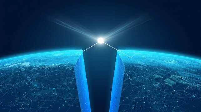 Global communication network connecting continents with glowing data transfer