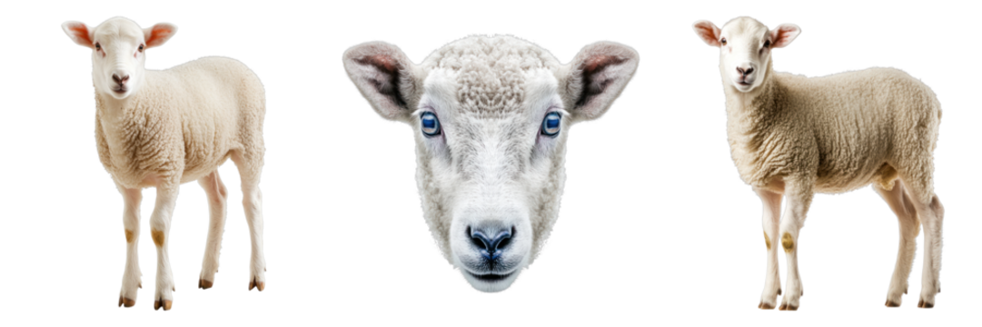 Three cute lambs with fluffy white wool, creating a beautiful portrait. The central lamb's face is focused