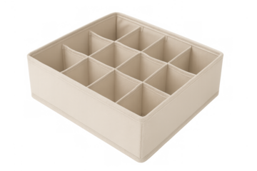 Beige fabric drawer organizer with multiple compartments