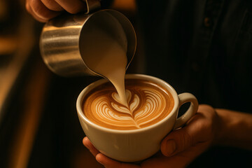 Creamy Latte Art in Rustic Coffee Mug Barista Creating Heart-Shaped Latte Pour
