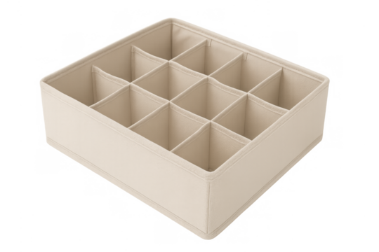 Beige fabric drawer organizer with multiple compartments