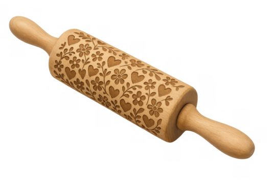 Wooden rolling pin with heart flower pattern