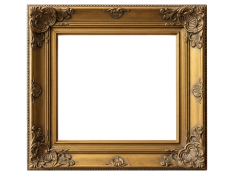 Ornate gold-colored picture frame with detailed floral corner accents, black center