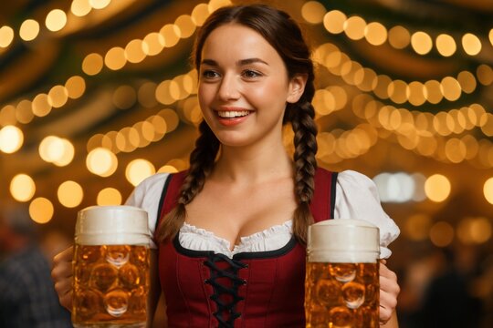 waitress smiling while holding two large beer steins in a festive atmosphere with warm lights, neutral background, clear negative space, clean composition, balanced framing, minimalist layout