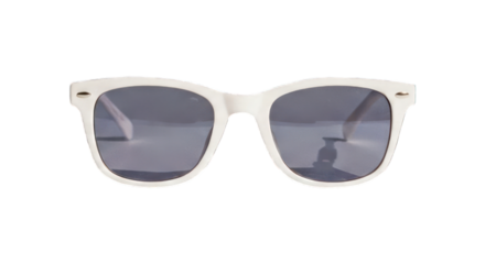 Sunglasses with a thick white frame, dark lenses, and a classic square shape, centered