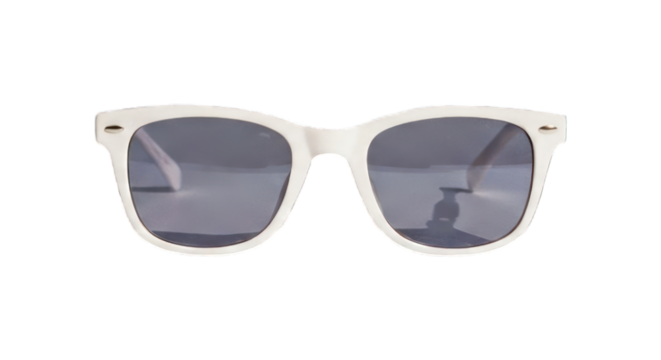 Sunglasses with a thick white frame, dark lenses, and a classic square shape, centered