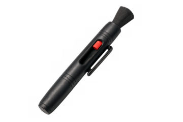 Camera lens cleaning pen with brush and red button
