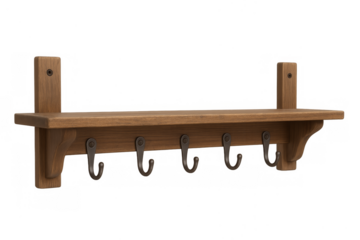 Wooden wall shelf with hooks and transparent background