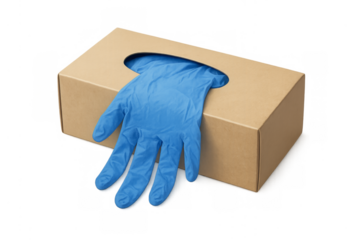Single blue disposable glove coming out of cardboard box