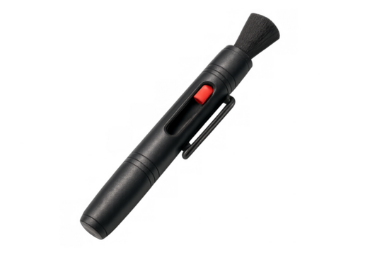 Camera lens cleaning pen with brush and red button