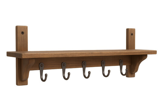 Wooden wall shelf with hooks and transparent background