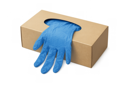 Single blue disposable glove coming out of cardboard box
