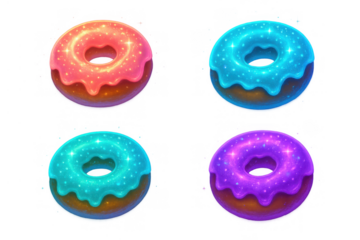 Colorful glossy doughnuts with sparkling icing. Dessert icons for online games, sweet food menu, or mobile applications