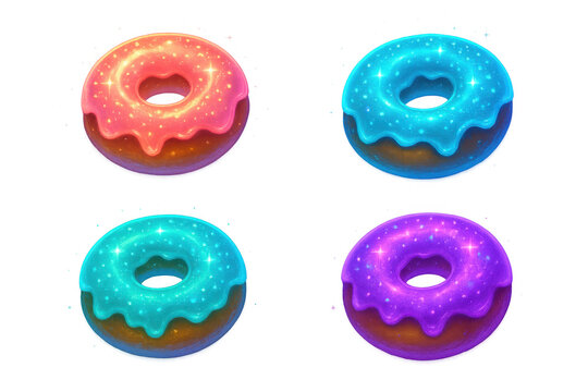 Colorful glossy doughnuts with sparkling icing. Dessert icons for online games, sweet food menu, or mobile applications