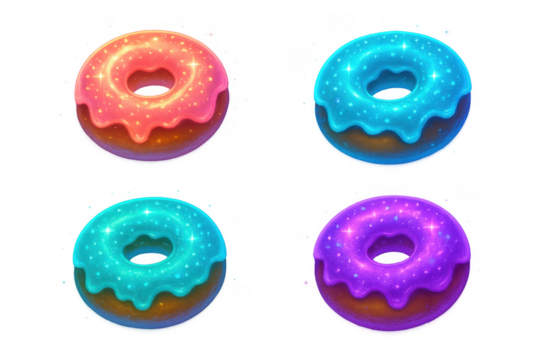 Colorful glossy doughnuts with sparkling icing. Dessert icons for online games, sweet food menu, or mobile applications
