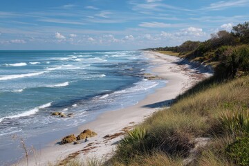 Tranquil Sea Ranch Beach in Indialantic Florida: A Spring Day with Blue Skies and Golden Sands