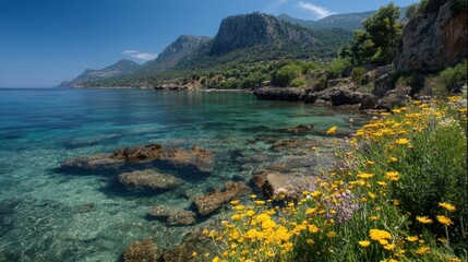 Fototapeta premium Luminous Sea View in Kardamyli: A Beautiful Blend of Fresh Mountain Flora and Bright Coastal Vibes