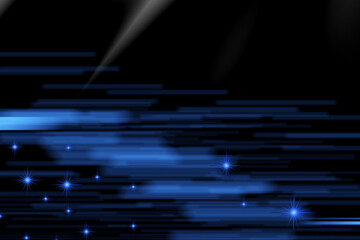Blue glowing light streaks with shining stars on black background, futuristic neon motion blur effect for sci-fi wallpaper, digital technology background or abstract night sky design
