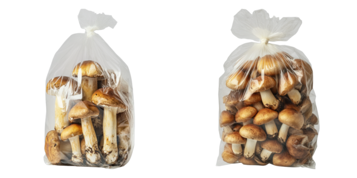 Freshly harvested mushrooms in transparent packaging, ready for the market. Two bags are showcased, filled with various sizes of mushrooms